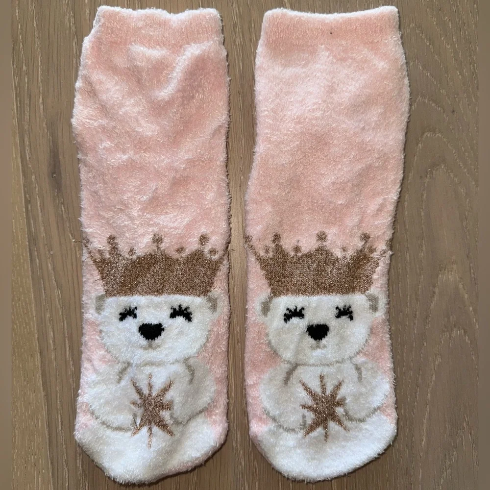 Bath & Body Works Pink Plush Bear Crown Fuzzy Grip Socks